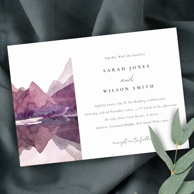 Invitación Boda del lago Purple Lilac Watercolor Mountain (Subido por el creador)