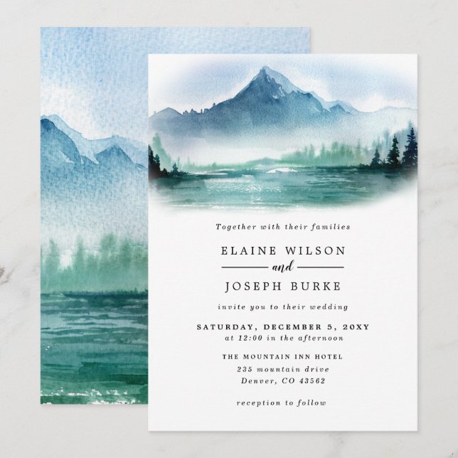 Invitación Boda del lago Rústico Watercolor Pine Mountains (Anverso / Reverso)