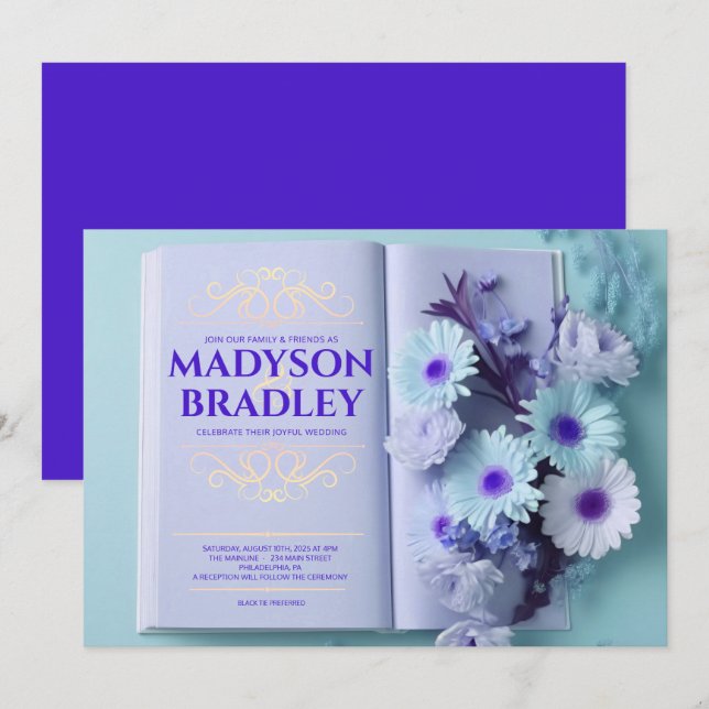 Invitación Boda del libro de cuentos azul de flores de época (Anverso / Reverso)