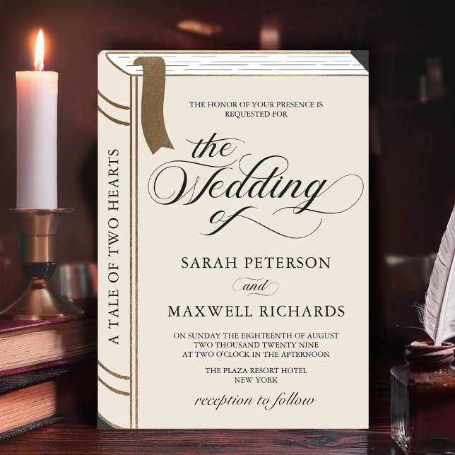 Invitación Boda del libro de oro de la biblioteca de cuentos  (Invite your guests to a love story like no other with this Book-Themed Wedding Invitation!)