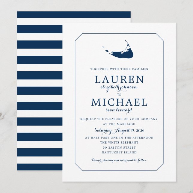 Invitación Boda del mapa de la isla Nantucket Blue (Anverso / Reverso)