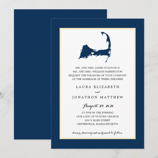 Invitación Boda del mapa de la marea azul de la marina de Cab (Anverso / Reverso)