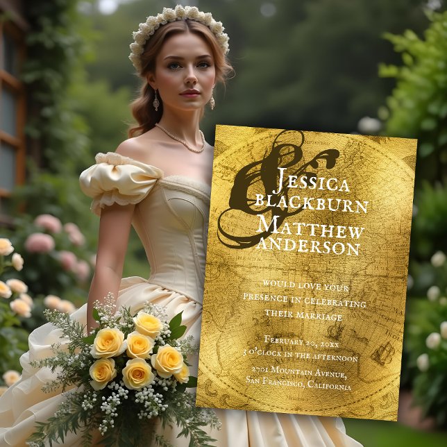 Invitación Boda del Mapa de Oro Antiguo del Mundo Antiguo (Old World Antique Gold Map Wedding Invitation. Model is AI Gen. )