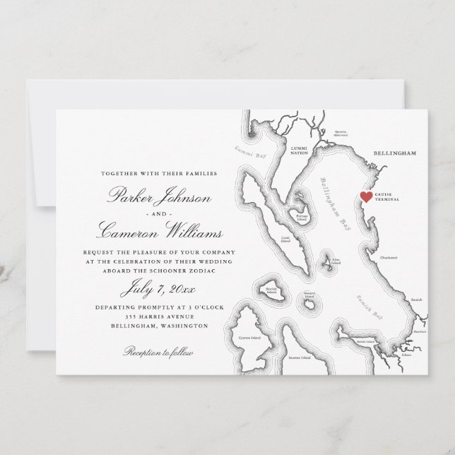 Invitación Boda del mapa del año 2000 de Schooner Zodiac Bell (Anverso)