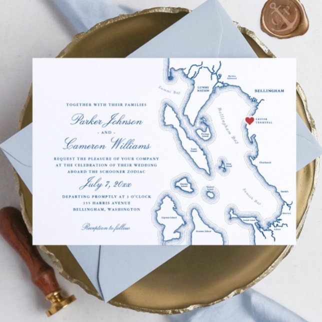 Invitación Boda del mapa del año 2000 de Schooner Zodiac Bell (Elegant Bellingham Washington Schooner Zodiac Wedding Invitation in navy blue by Coastal Map Designs)