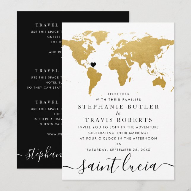 Invitación Boda del Mapa del Mundo Negro y Oro (Anverso / Reverso)