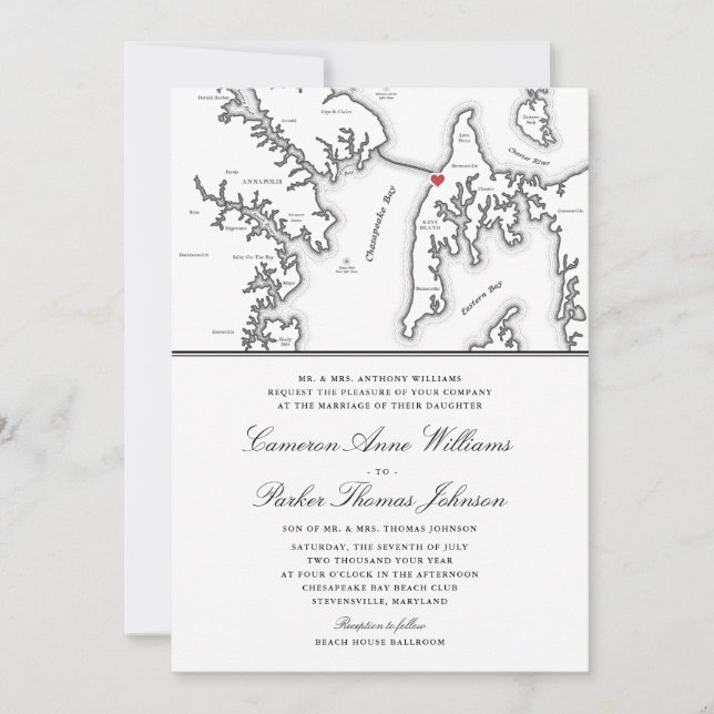 Invitación Boda del mapa formal del Chesapeake Bay Beach Club (Anverso)