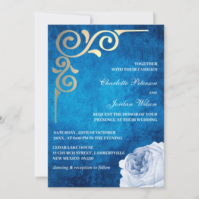 Invitación Boda del marco azul y dorado de la foto real (Anverso)
