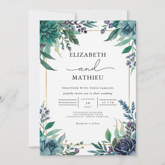 Invitación Boda del marco botánico Verde azulado profundo (Anverso)