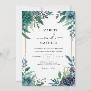 Invitación Boda del marco botánico Verde azulado profundo