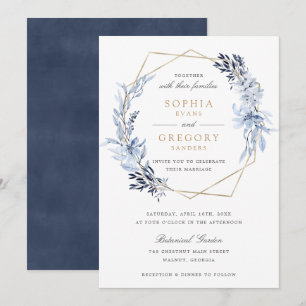 Invitación Boda del marco de hojas azul floral geométricas de