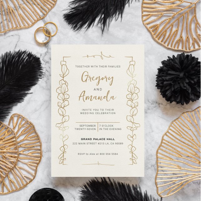 Invitación Boda del marco de hojas de oro pintadas a mano (Subido por el creador)