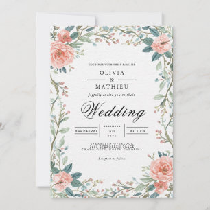 Invitación Boda del marco de la floración de corales suave