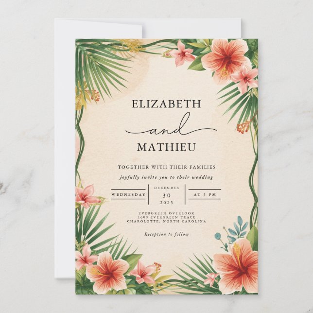 Invitación Boda del marco de la floración tropical (Anverso)