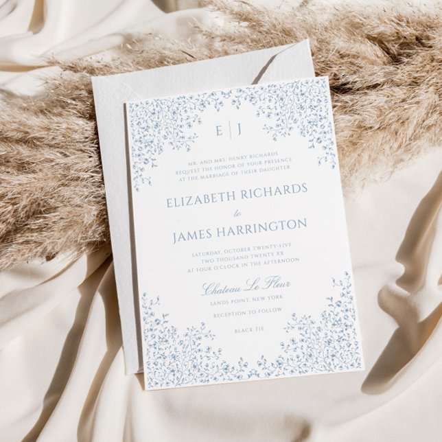 Invitación Boda del marco de la línea floral azul turquesa (Subido por el creador)