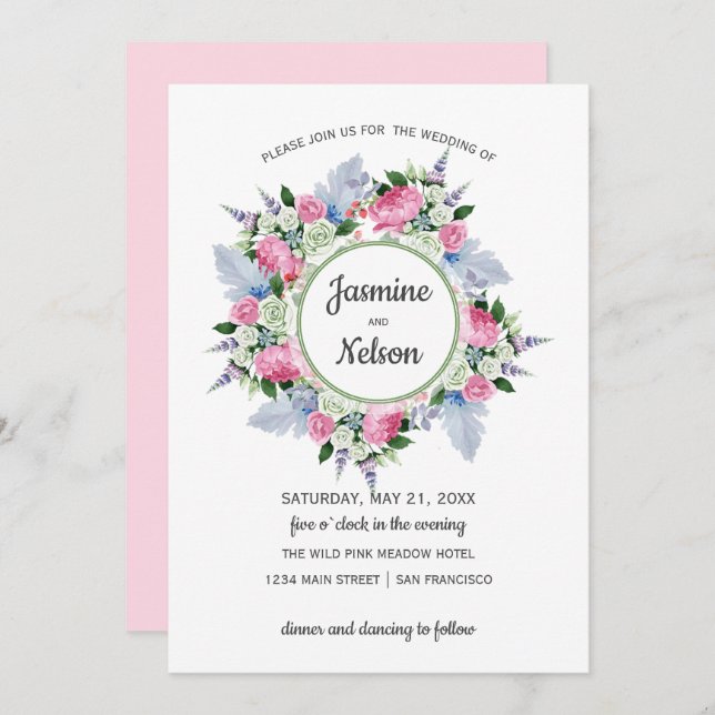 Invitación Boda del marco de las flores Boho Pink White Laven (Anverso / Reverso)