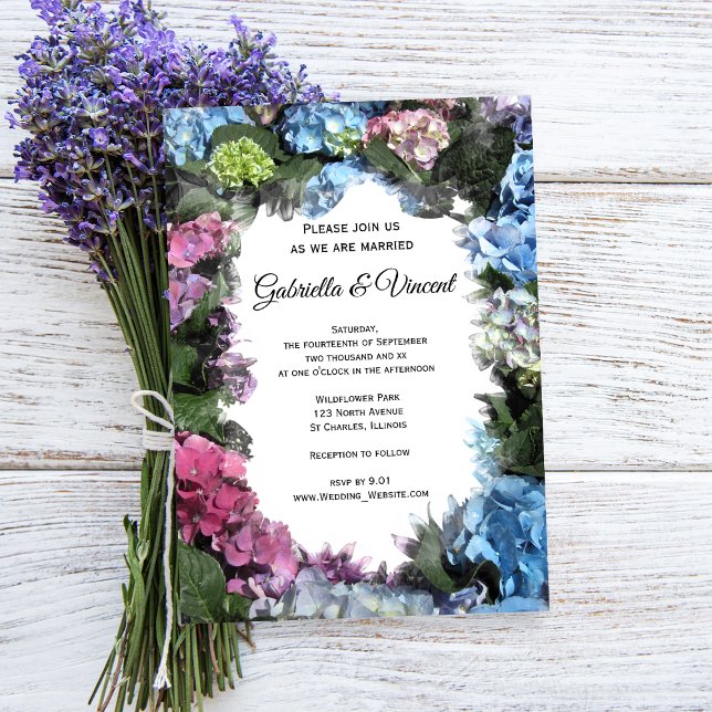 Invitación Boda del marco de las flores de Hydrangea (Invite guests to your garden party marriage with the Hydrangea Flower Frame Wedding Invitation.)
