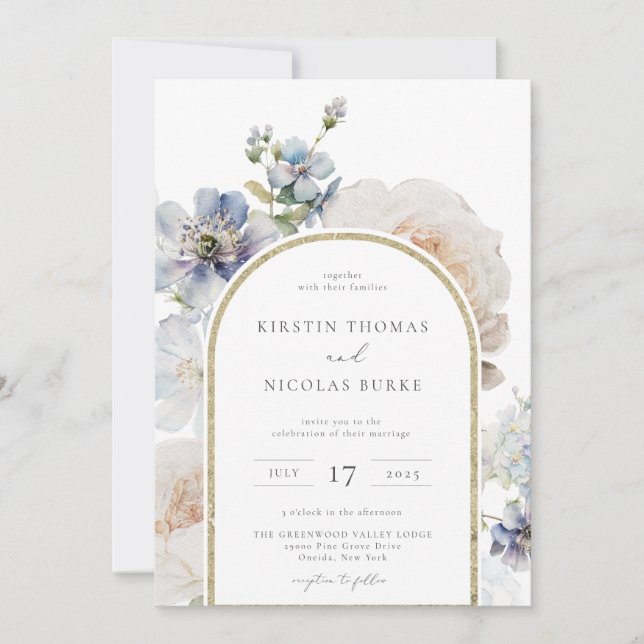 Invitación Boda del marco del arco floral azul turbio (Anverso)