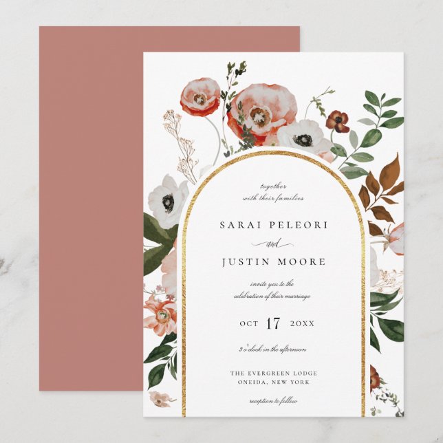 Invitación Boda del marco del arco floral botánico de otoño (Anverso / Reverso)