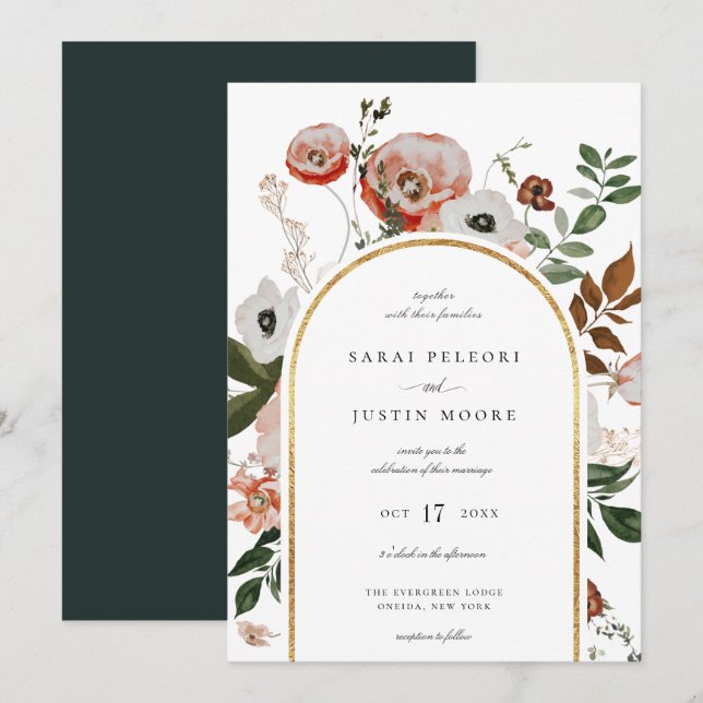 Invitación Boda del marco del arco floral botánico de otoño (Anverso / Reverso)