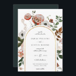 Invitación Boda del marco del arco floral botánico de otoño<br><div class="desc">Elegante terruño ortopédico otoño floral botánica,  invitación a la boda. Marco de arco con acento dorado y respaldo de color verde de selva esmeralda. La invitación presenta un diseño de tipografía de moda que combina caligrafía y negrita.</div>