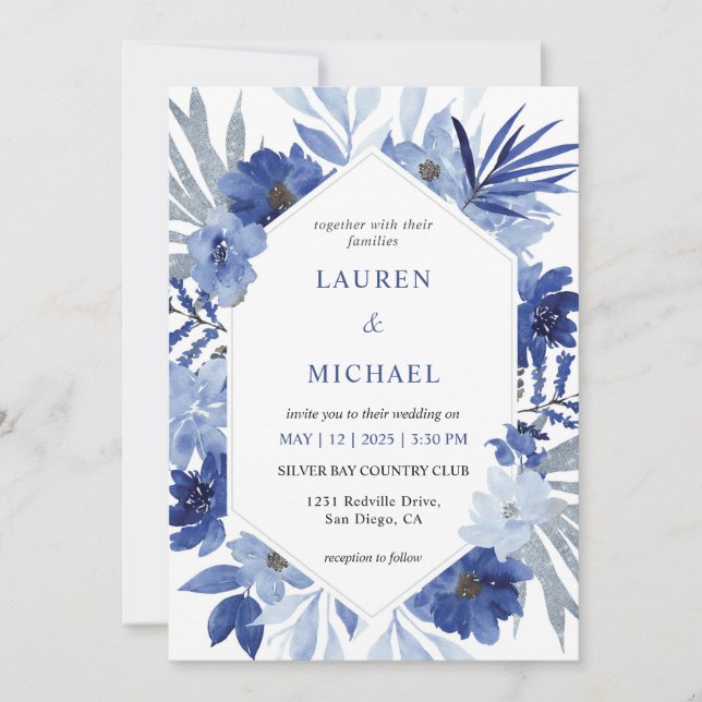 Invitación Boda del marco del Bouquet azul blanco personaliza (Anverso)