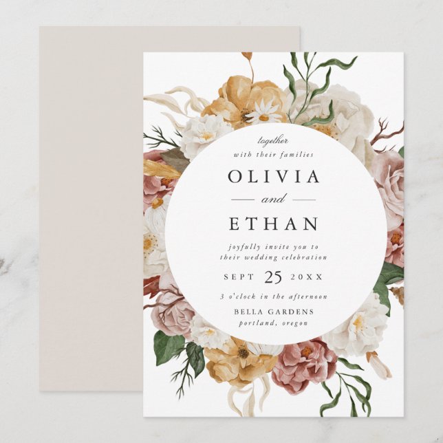 Invitación Boda del marco del círculo floral del jardín vinta (Anverso / Reverso)
