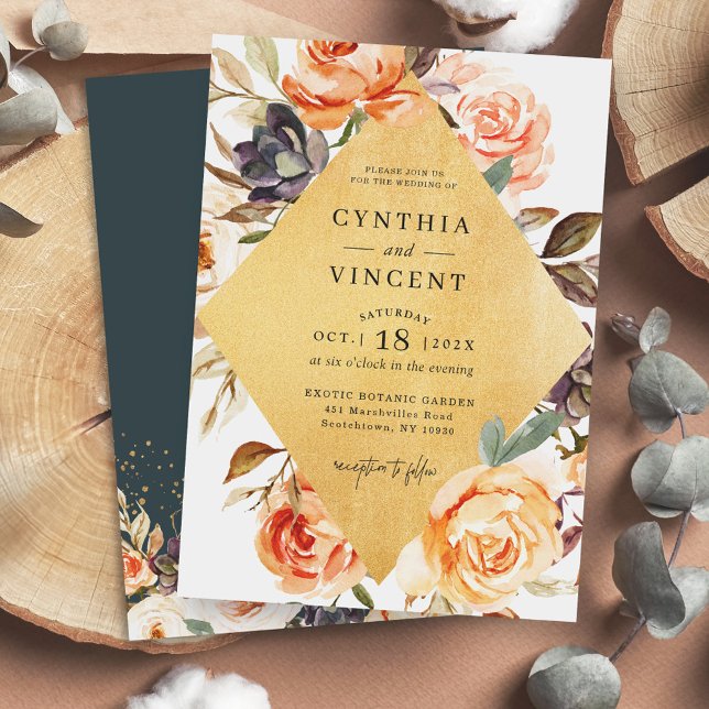 Invitación Boda del marco del diamante de oro de la floral de (Make your wedding invitation as special as your big day with this customizable design!)