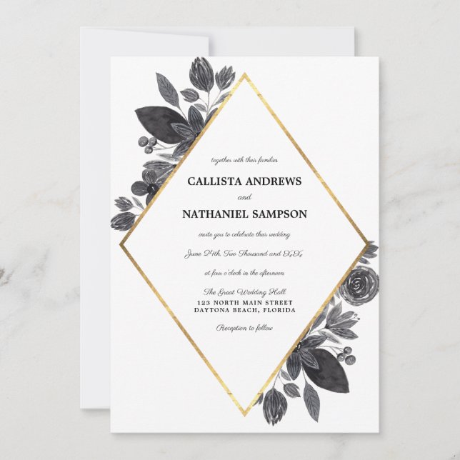 Invitación Boda del marco del diamante floral blanco dorado (Anverso)