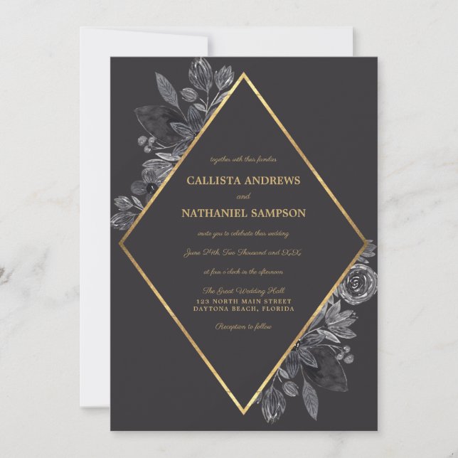 Invitación Boda del marco del diamante floral dorado (Anverso)