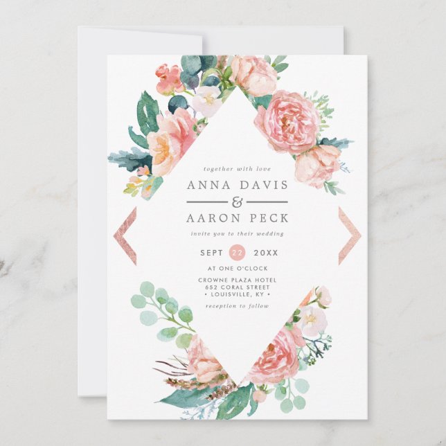 Invitación Boda del marco del diamante floral rosado Pastel (Anverso)