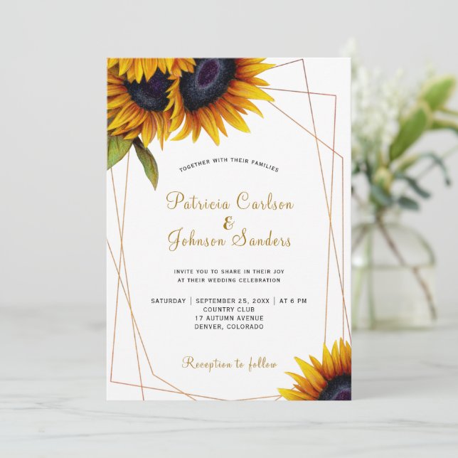 Invitación Boda del marco del dorado del girasol moderno y ru (Anverso de pie)