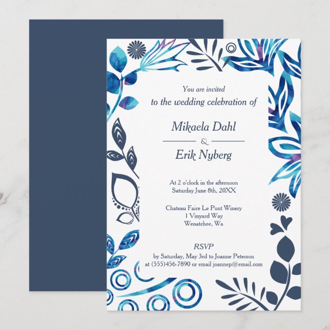 Invitación Boda del marco del patrón floral azul y gris azul (Anverso / Reverso)
