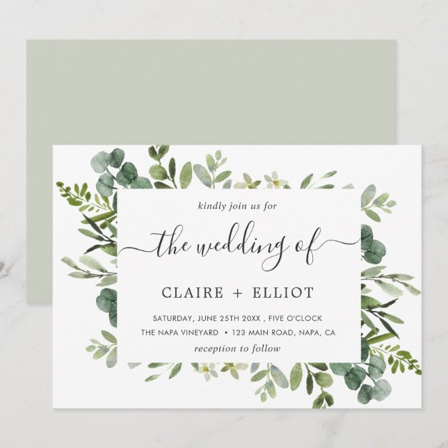 Invitación Boda del marco del rectángulo del follaje verde Eu (Anverso / Reverso)