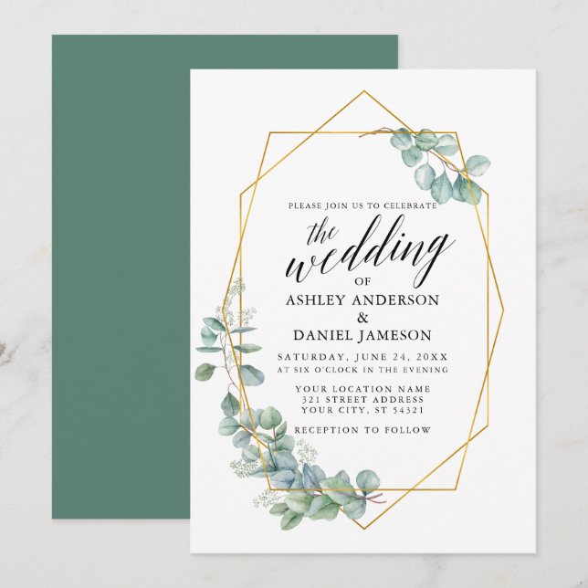 Invitación Boda del marco dorado de caligrafía Eucalyptus Gre (Anverso / Reverso)