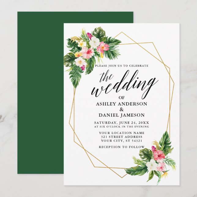 Invitación Boda del marco dorado de caligrafía floral tropica (Anverso / Reverso)