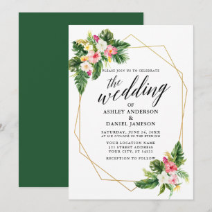 Invitación Boda del marco dorado de caligrafía floral tropica