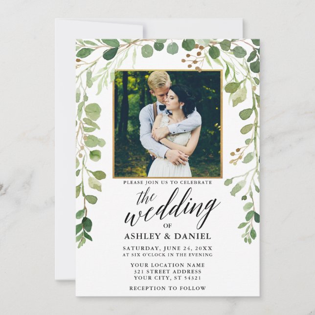 Invitación Boda del marco dorado de caligrafía verde botánica (Anverso)