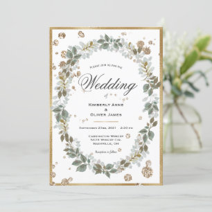 Invitación Boda del marco dorado de color de agua floral verd