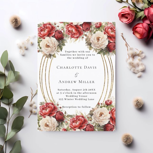 Invitación Boda del marco dorado de florines rojos (Subido por el creador)