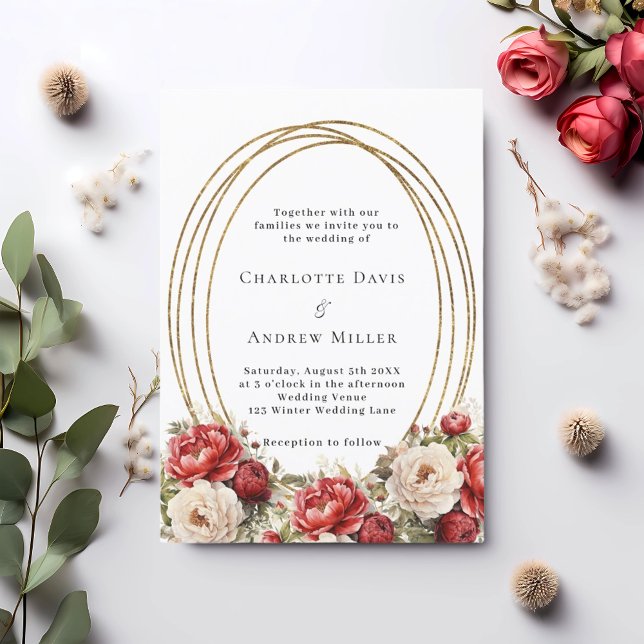 Invitación Boda del marco dorado de florines rojos (Subido por el creador)