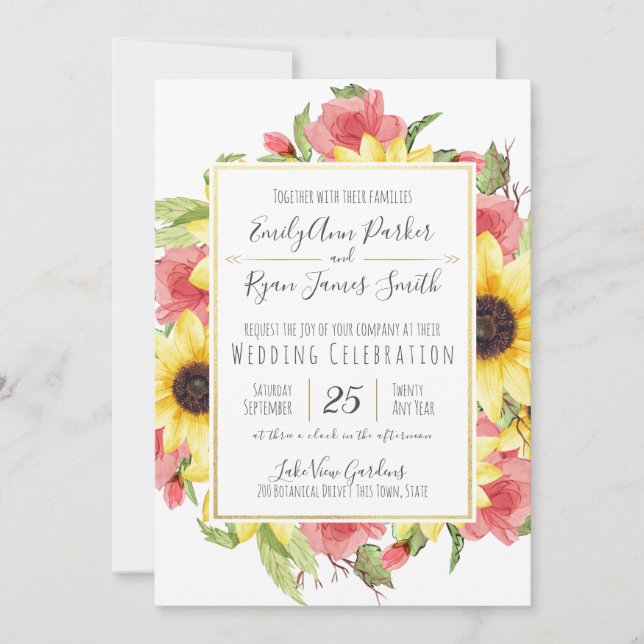 Invitación Boda del marco dorado de girasoles y Rosas (Anverso)