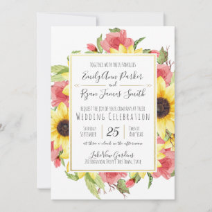 Invitación Boda del marco dorado de girasoles y Rosas