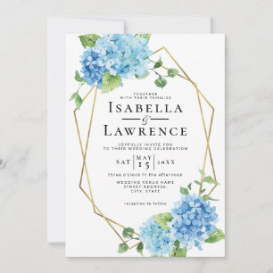 Invitación Boda del marco dorado de Hydrangea azul floral
