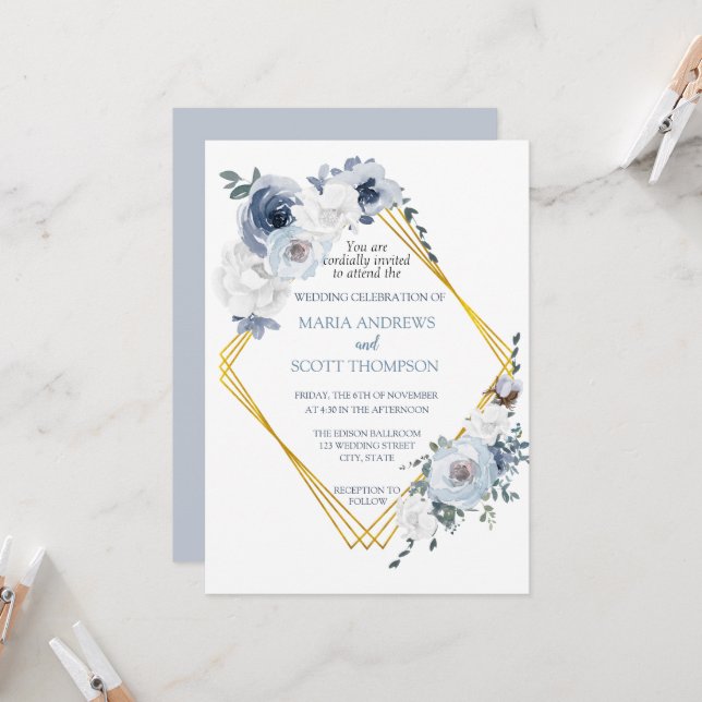 Invitación Boda del marco dorado de la floral azul turquesa (Anverso/Reverso In Situ)