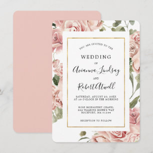 Invitación Boda del marco dorado de la floral rosa rosada y p