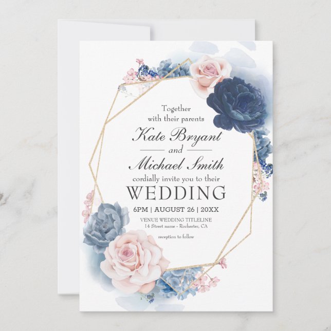 Invitación Boda del marco dorado de la florida floral azul de (Anverso)