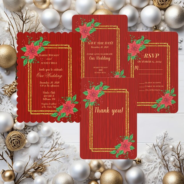 Invitación Boda del marco dorado de la Poinsettia Roja navida (Subido por el creador)
