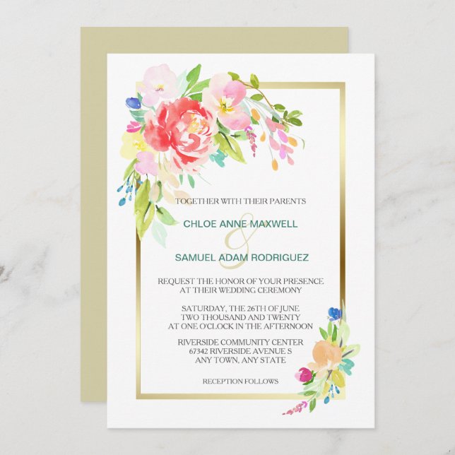 Invitación Boda del marco dorado de la primavera de Rosa salv (Anverso / Reverso)