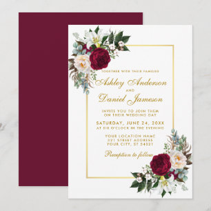 Invitación Boda del marco dorado de la vegetación floral borg